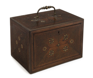 An Anglo-Indian spice box, padouk and sandalwood sumptuously inlaid with brass, bone, silver and ebony, interior fitted with seven staggered drawers, with original key, late 18th early 19th century, 13cm high, 19cm wide, 13cm deep