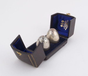 HANCOCK & Co. pair of egg shaped English sterling silver salt and pepper shakers in original plush box, by Sampson Mordan, London, circa 1881, 5cm high