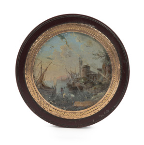 A French circular snuff box, tortoiseshell with hand-painted city scene surrounded by rose gold mount, late 18th century, 7.5cm diameter