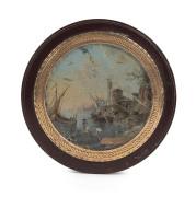 A French circular snuff box, tortoiseshell with hand-painted city scene surrounded by rose gold mount, late 18th century, ​7.5cm diameter