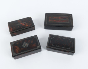 Four Georgian snuff boxes, papier-mâché with faux tortoiseshell finish and silver inlay, 18th century, the largest 9cm wide