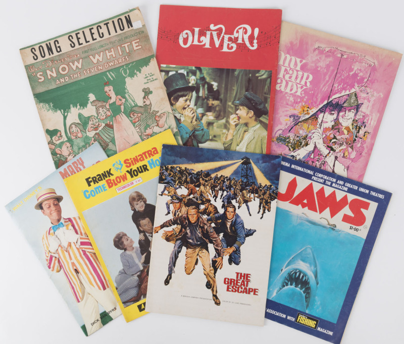 CINEMA & THEATRE PROGRAMMES: mostly 1960s-80s array incl. "Come Blow your Horn" (1963, starring Frank Sinatra), The Great Escape (1963), "My Fair Lady" (Warner Bros, 1964), "Mary Poppins" (1964) "Oliver!" (1968) "Jaws" (1975, pub. Modern Magazines); also