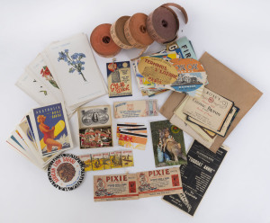 EPHEMERA ASSORTMENT: with 1939 TSMV Manoora menu cards (11), four rolls of early admission tickets, three are "priced" at 1/6d, large quantity of 1930s-60s bottle labels majority for whisky/brandy others for gin, rum & various liquors, quantity of cigar b