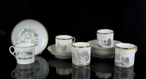 NEW HALL "Bat Printed" tea ware comprising five cups and saucers, circa 1810, (10 items), the saucers 13.5cm diameter