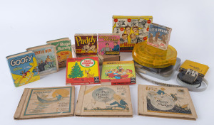 CHILDREN'S ENTERTAINMENT: with Walt Disney boxed 8mm film reel for "Pluto's Christmas Tree" & "The Dwarfs' Dilemma"; boxed 16mm film reel for Castle Films emissions "Puddy the Pup", Abbott & Costello in "Oysters and Muscles", "Three Little Bruins" & "Case