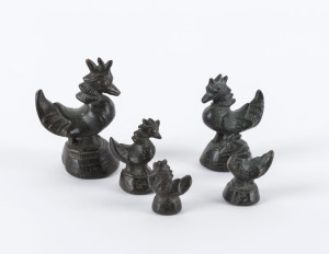 Set of five Burmese bronze weights in the form of chickens, 19th century, the largest 7cm high