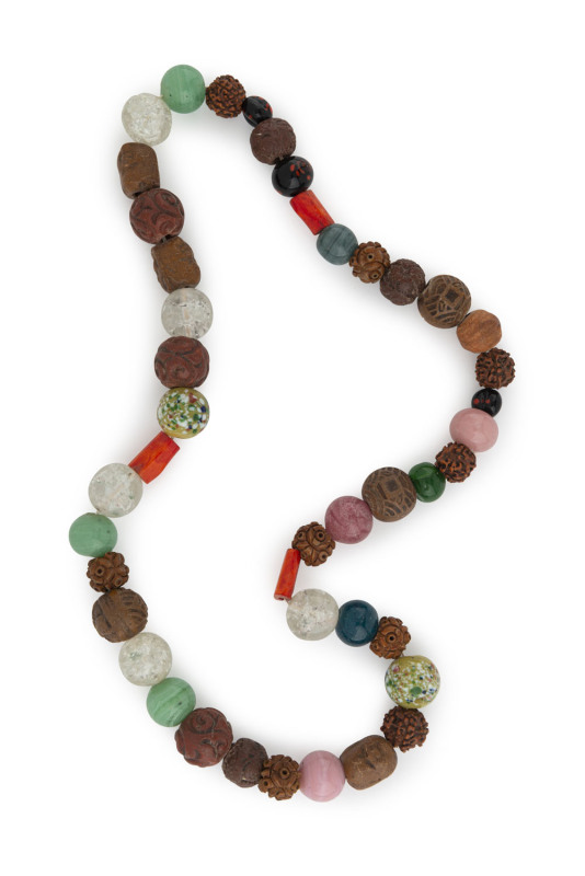 Japanese ojime beads, glass, coral, rock crystal, ceramic and boxwood, Meiji period, ​64cm long