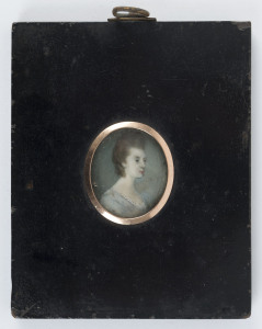 A French miniature portrait of a lady in rose gold mount and ebonized frame, 19th century, 11 x 9cm overall