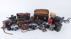 A range of photographic equipment and cameras including Praktica, Kodak, box cameras etc