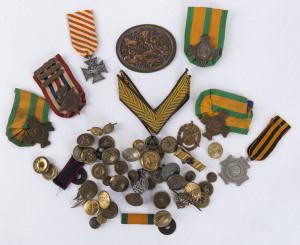MILITARY RELATED ASSORTMENT: with Dutch pre-WWI Expedition Cross, WWII Dutch War Remembrance Crosses (3), Cross for Order & Peace with three clasps, Dutch Flying Cross marked "SILVER" on reverse (made by Spink & Son); also array of military buttons & few