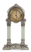 A German Art Nouveau mantel clock, nickel plated case with hobnail glass columns, circa 1900, 41cm high