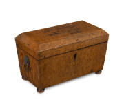 A Georgian tea caddy, birdseye maple with gilt metal lions head handles, early 19th century, 20cm high, 32cm, 16cm deep. PROVENANCE: Blair Castle, Scotland.