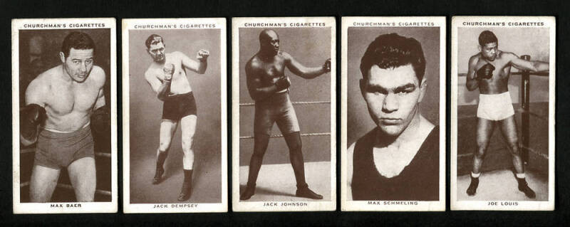 CIGARETTE CARDS: 1938 Churchman "Boxing Personalities" complete set (50) VF; incl. Max Baer, Jack Dempsey, Jack Johnson, Joe Louis & Max Schmeling.
