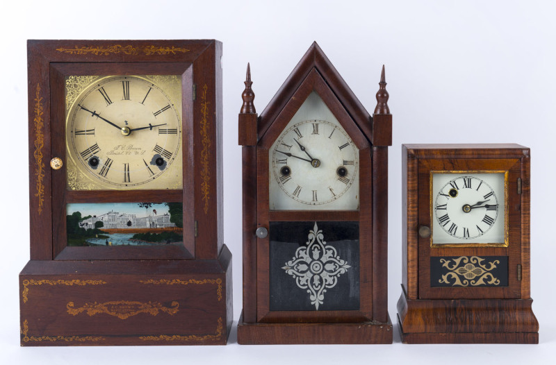 Three American timber cased shelf clocks, Jerome, J.C. Brown and Waterbury, mid 19th century, ​24.5cm, 38cm and 38.5cm high