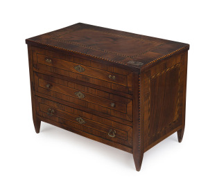 A French apprentice miniature chest of drawers, kingwood veneer on pine with barber pole inlay, early 19th century, rare. 28cm high, 38cm wide, 22cm deep