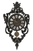 A French time piece wall clock, cast iron case with enamel Roman numeral and sunburst pendulum, late 19th century, ​45cm high