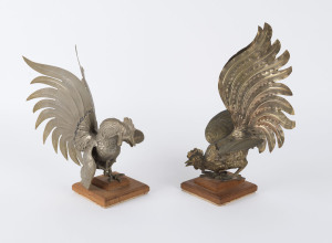 A pair of cockerel statues, cast and pressed metal, most likely Italian, 20th century, 27cm and 30cm high