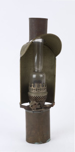 VICTORIA RAILWAYS: c.1910 Guard's Van kerosene lamp, constructed from brass and soldered tinplate sheet metal, necked clear glass chimney, made by Stokes (Melbourne), height 36cm.