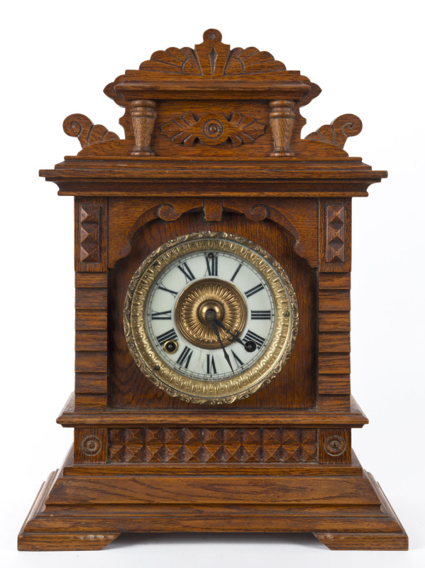 ANSONIA Cabinet "Syria" American 8 day time and strike parlour clock in oak case, circa 1894, ​45cm high