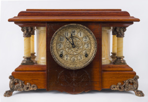 SESSIONS American mantel clock, 8 day time and strike movement in polished timber case with gilt metal mounts and early plastic decoration, early 20th century,