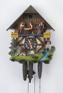 A Swiss cuckoo clock with water wheel, hand-painted timber case, 20th century, ​33cm high