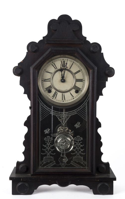 WATERBURY American parlour clock with 8 day time and strike movement and nickel plated bird pendulum, late 19th century, ​54cm high