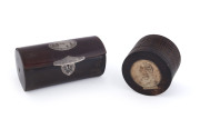 Two antique snuff boxes, one circular treen ware with lithograph portrait of King George III, ​the other papier-m&acirc;ch&eacute; with silver lock and plaque, 18th century, the larger 7.5cm wide