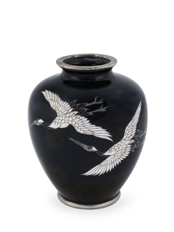 A Japanese cloisonne vase with flying cranes on black ground, early to mid 20th century, ​9cm high