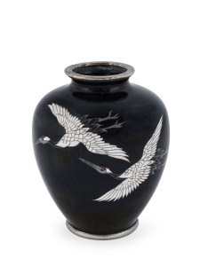 A Japanese cloisonne vase with flying cranes on black ground, early to mid 20th century, 9cm high