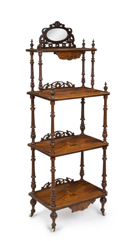 An antique English wotnot, burr walnut with marquetry inlay and barley twist columns, circa 1875, ​154cm high, 55cm wide, 36cm deep