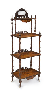 An antique English wotnot, burr walnut with marquetry inlay and barley twist columns, circa 1875, 154cm high, 55cm wide, 36cm deep