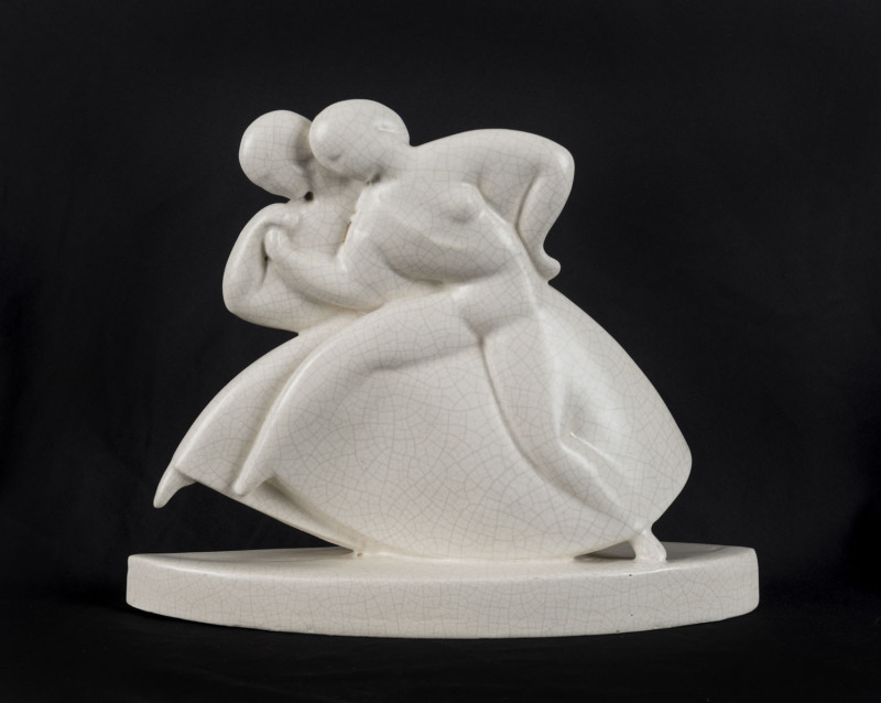 JOSINE SOUWEINE (1899-1983), Belgium Art Deco porcelain statue "Danseues" (Dancers), circa 1930, impressed monogram and hand signed on the back, ​21cm high