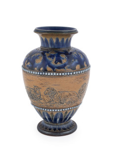 HANNAH BARLOW Doulton Lambeth stoneware vase with sheep decoration, circa 1879, impressed mark "Doulton Lambeth" and Barlow's monogram, 18.5cm high