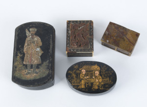 Two Chinoiserie papier-mâché snuff boxes, an Anglo-Indian snuff box and a French agate and ormolu snuff box, 18th century, (4 items), the largest 10.5cm wide