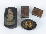 Two Chinoiserie papier-m&acirc;ch&eacute; snuff boxes, an Anglo-Indian snuff box and a French agate and ormolu snuff box, 18th century, (4 items), ​the largest 10.5cm wide