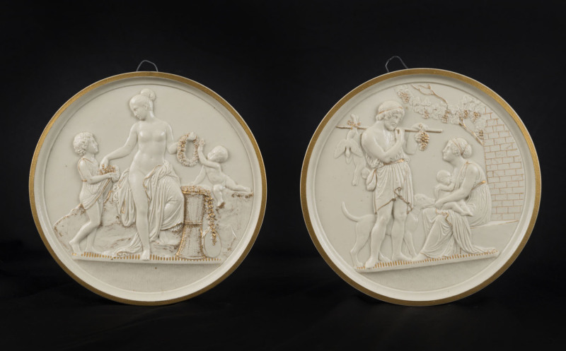 BING & GRONDAHL pair of Danish porcelain plaques with Roman classical scenes, circa 1875, impressed mark "B & G", ​15cm diameter