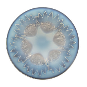 PIERRE D'AVESN French Art Deco opalescent glass charger with water lily decoration, circa 1930, moulded mark to base "D'Avesn, France", 30.5cm diameter
