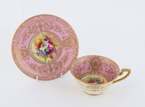 ROYAL WORCESTER fine English porcelain cup and saucer beautifully hand-painted by ERNEST PHILLIPS, circa 1928, factory backstamp and signed "E. Phillips", (2 items), the saucer 14.5cm diameter