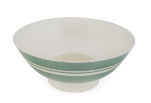 KEITH MURRAY Wedgwood English Art Deco porcelain fruit bowl in celadon green and ivory two tone, circa 1940, stamped "Keith Murray, Wedgwood, Made In England", 11.5cm high, 28cm diameter