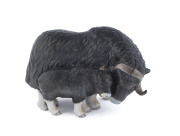 ROYAL COPENHAGEN "Musk Ox and Calf" Danish porcelain statue, 20th century, factory mark with crown and waves "Royal Copenhagen", ​16cm high, 25cm wide