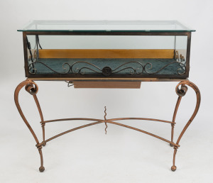 A custom-built jewellery display cabinet, wrought iron and glass with DC monogram (The Diamond Company, Melbourne), late 20th century, 110cm high, 120cm wide, 58cm deep