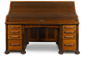 CUTLER American roll top desk, finely crafted in panelled oak, late 19th century, named on the escutcheon and with Buffalo mark inside the drawer, 130cm high, 181cm wide, 97cm deep - 2