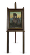 An English "Easel" clock with oil painting church ruin backdrop, 19th century, rare, ​157cm high