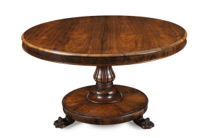 A William IV tilt-top breakfast table, rosewood veneer, circa 1835, 73cm high, 121cm diameter