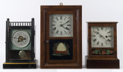 Three antique American shelf clocks in timber cases, 8 day movements one with alarm, 19th century, 29.5cm ,32cm and 38cm high