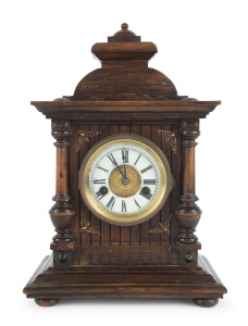 A German mantel clock with time and strike movement in ornate oak case, circa 1900, ​39cm high