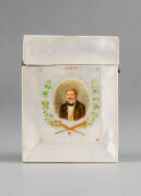 LORD HARRIS' VISITING CARD CASE: Mother-of-pearl and hand-painted visiting card case (78x102x9mm), decorated with cricket scene on one side, and portrait of Lord Harris on the other side, with initials "HON GRCH". Beautiful cricket item, c1870. [Lord Harr - 3