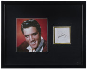 ELVIS PRESLEY: mounted display featuring image of a smiling Elvis (20x19cm) with signature alongside on plain piece; CofA label adhered to reverse; framed & glazed, overall 52x41cm. - 2