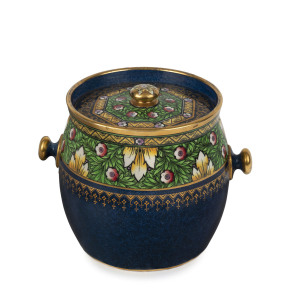 MINTON English porcelain biscuit barrel in the Arts and Crafts style, late 19th century, black factory backstamp "Minton, Est. 1793, England", 13cm high