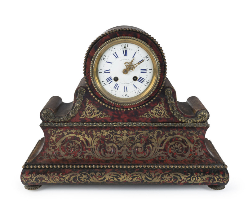 A French boule front mantel clock by Vincenti, Paris circa 1855, retailers mark on the dial "Richmond Ft. Mont Martre", ​33cm high